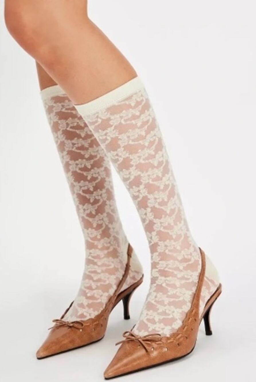 NWT Free People Amour Lace Knee High Socks | White | OS